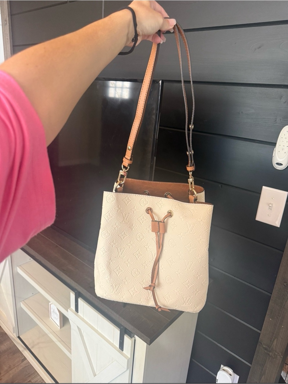 Designer-Inspired Cream Shoulder Bag with Tan Trim